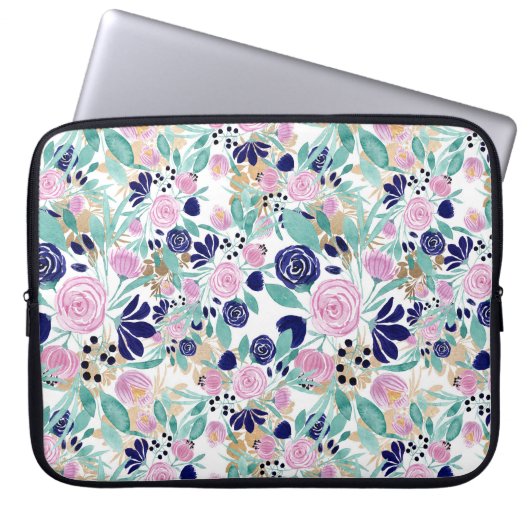 Pink Navy Blue Gold Watercolor Blume Muster Laptopschutzhülle (Vorderseite)