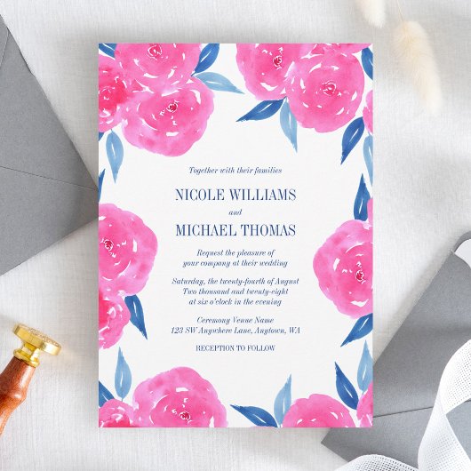 Pink Navy Blue Watercolor Blume Hochzeit Einladung