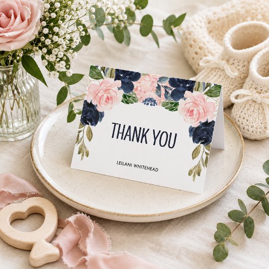 Pink Navy Floral Wasserfarbe Danke Karte