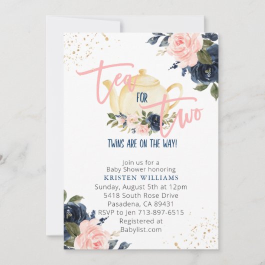 Pink Navy florale Twins Tee für zwei Babydusche Einladung (Vorderseite)