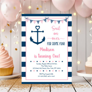 Pink Navy Girl Nautical Anchor Erster Geburtstag Einladung