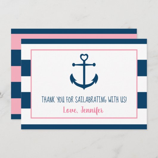 Pink Navy Girl Nautical Anchor Kinderdusche Dankeskarte (Vorne/Hinten)