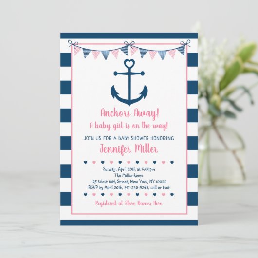 Pink Navy Girl Nautical Anchor Kinderdusche Einladung (Stehend Vorderseite)