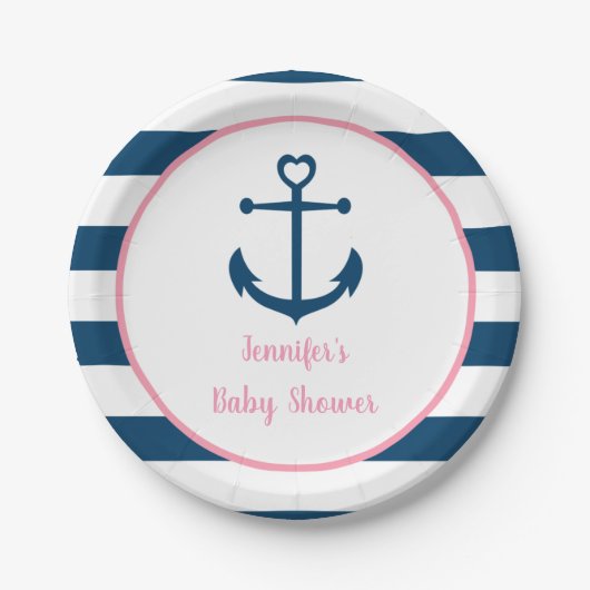 Pink Navy Girl Nautical Anchor Kinderdusche Pappteller (Vorderseite)