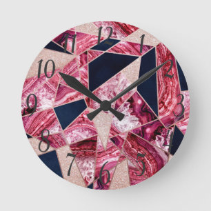 Pink Navy Glitter Agate Foil Geometric Triangles Runde Wanduhr