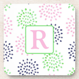 Pink Navy Green Blume Muster Wasserfarbenmonogramm Getränkeuntersetzer
