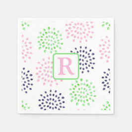 Pink Navy Green Blume Muster Wasserfarbenmonogramm Serviette