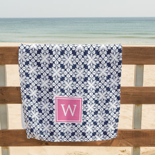 Pink & Navy Hawaiian-Muster Monogramm Strandtuch