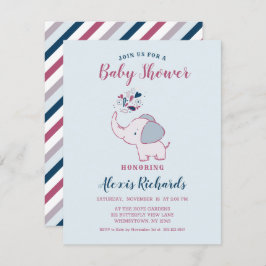 Pink & Navy Niedlich Elephant Themed Baby Dusche Einladung
