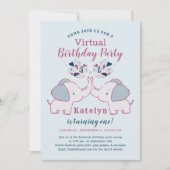 Pink & Navy Niedlich Elephant Virtual Birthday Par Einladung (Vorderseite)