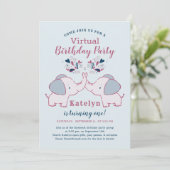Pink & Navy Niedlich Elephant Virtual Birthday Par Einladung (Stehend Vorderseite)