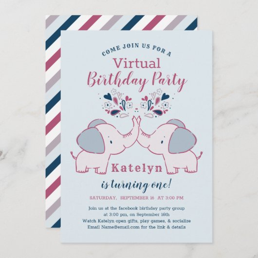 Pink & Navy Niedlich Elephant Virtual Birthday Par Einladung (Vorne/Hinten)