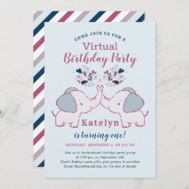 Pink & Navy Niedlich Elephant Virtual Birthday Par Einladung