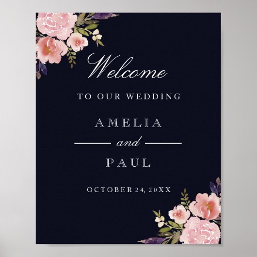 Pink Navy Wasserfarbenpeonies Begrüßungszeichen Poster (Vorne)