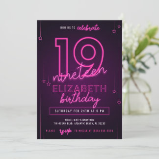 Pink Neon 19. Geburtstagsparty Lass uns glühen Cra Einladung