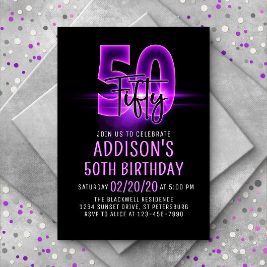Pink Neon 50. Geburtstagsfeier Einladung