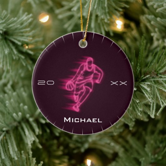 Pink Neon Basketball Player Ghost Silhouette Name Keramik Ornament (Baum)