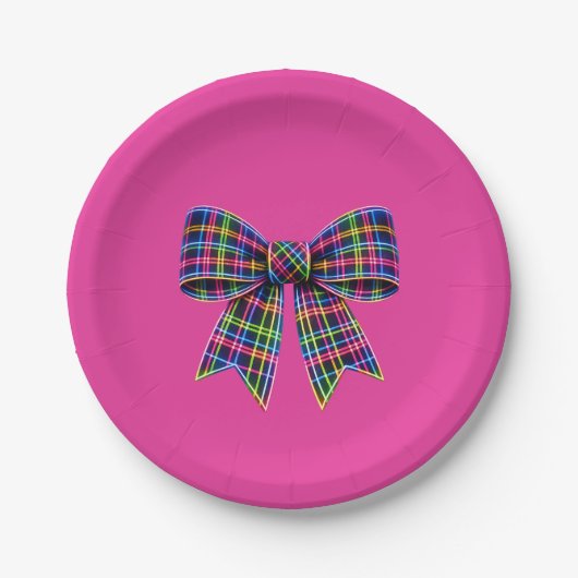 Pink Neon Bow Tartan Ribbon Scottish Cute Pappteller (Vorderseite)