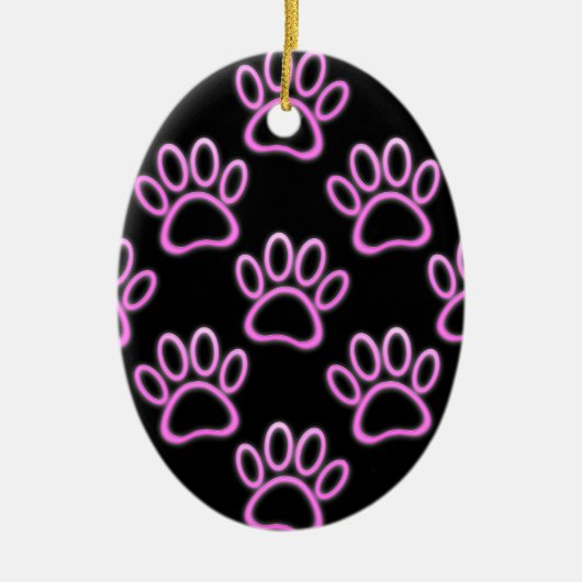 Pink Neon Dog Paw Print Keramikornament (Vorne)