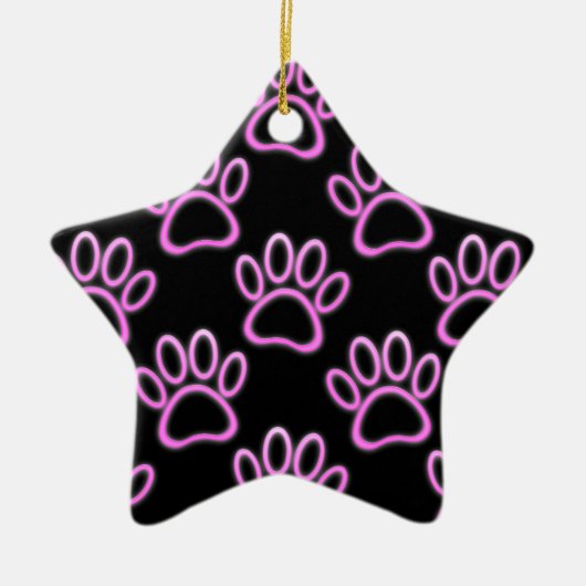 Pink Neon Dog Paw Print Keramikornament (Vorne)
