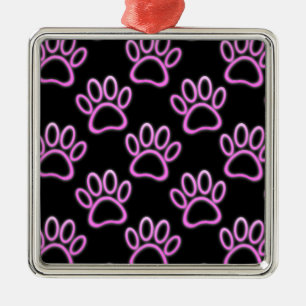 Pink Neon Dog Paw Print Ornament Aus Metall