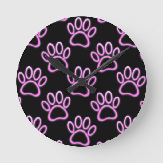 Pink Neon Dog Paw Print Runde Wanduhr (Vorderseite)