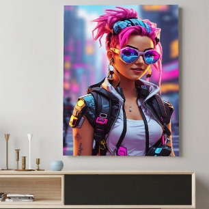 Pink Neon Futuristic Cyberpunk Girl Poster
