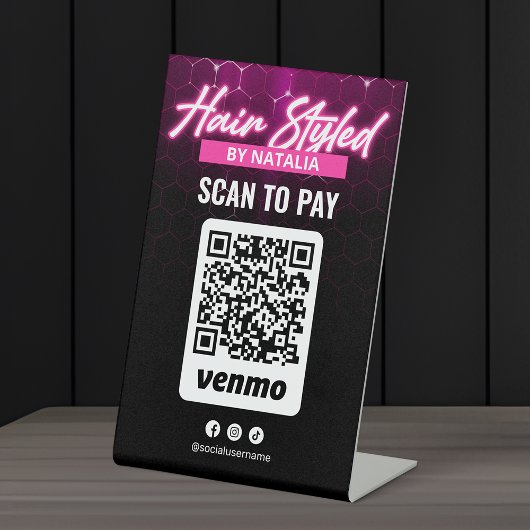 Pink Neon Hair Salon Venmo Scan QR Code Zahlung Sockelschild