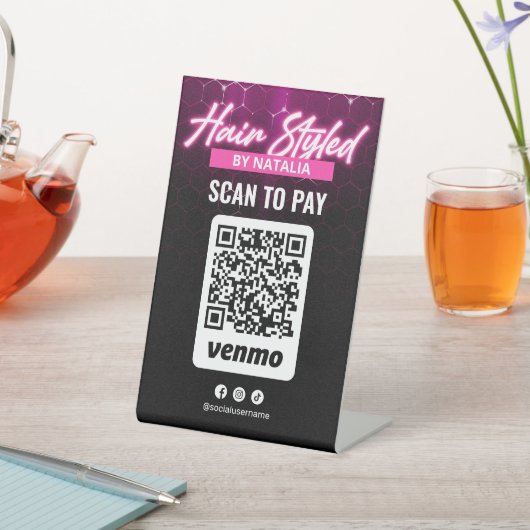 Pink Neon Hair Salon Venmo Scan QR Code Zahlung Sockelschild (In SItu)
