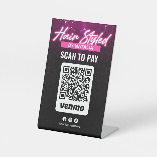 Pink Neon Hair Salon Venmo Scan QR Code Zahlung Sockelschild (Vorderseite)