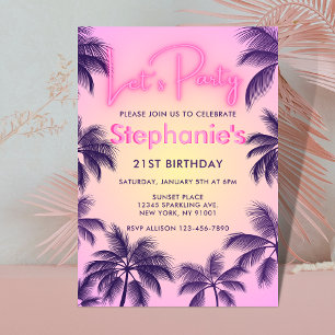 Pink Neon Leuchten Lasst uns Party Palmwedel bei S Einladung