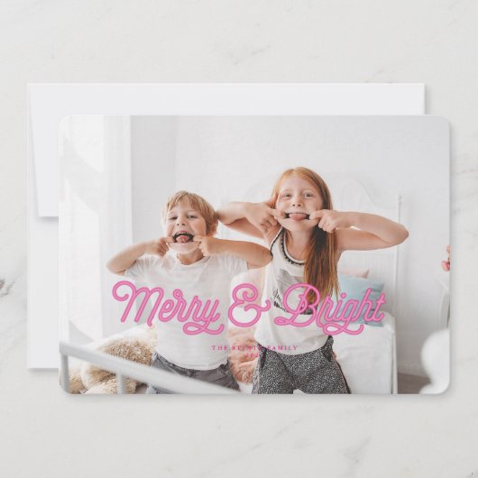 Pink Neon Merry & Bright Christmas Card Einladung (Vorderseite)