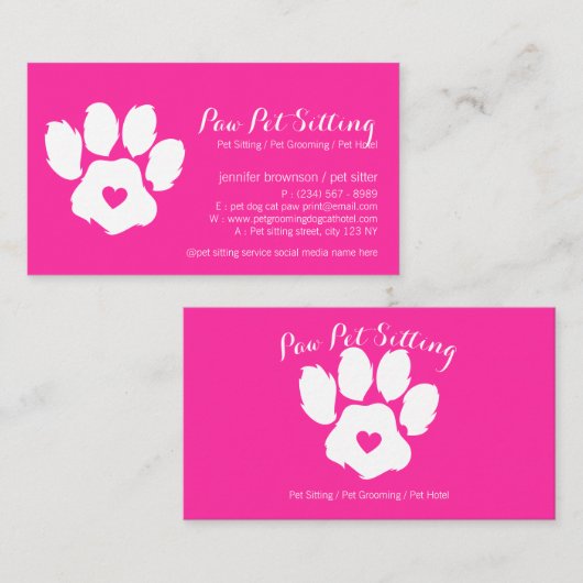 Pink Neon Pet Sitter Social Media Dog Paw Visitenkarte (Vorne/Hinten)