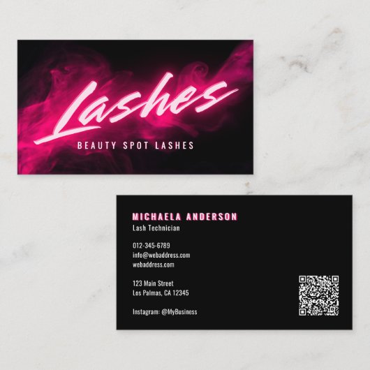 Pink Neon & Smoke Lash Tech QR Code & Socials Visitenkarte (Vorne/Hinten)