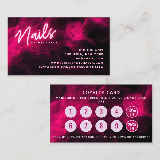 Pink Neon & Smoke Nail Salon Loyalty Card Visitenkarte (Vorne/Hinten)