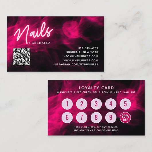 Pink Neon & Smoke Nail Salon QR Code Loyalty Card Visitenkarte (Vorne/Hinten)