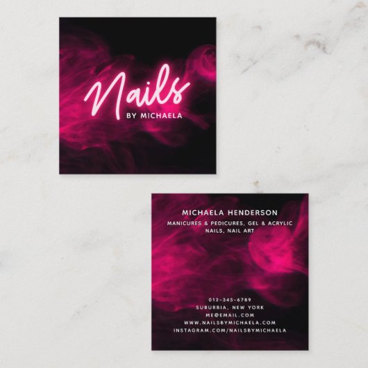 Pink Neon & Smoke Nail Salon/Techniker Quadratische Visitenkarte (Vorne/Hinten)