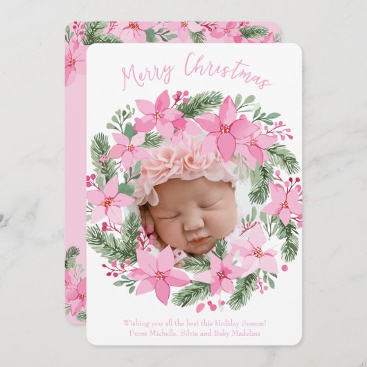 Pink New Baby Foto Weihnachtskarte Giro del Malcan Einladung (Vorne/Hinten)