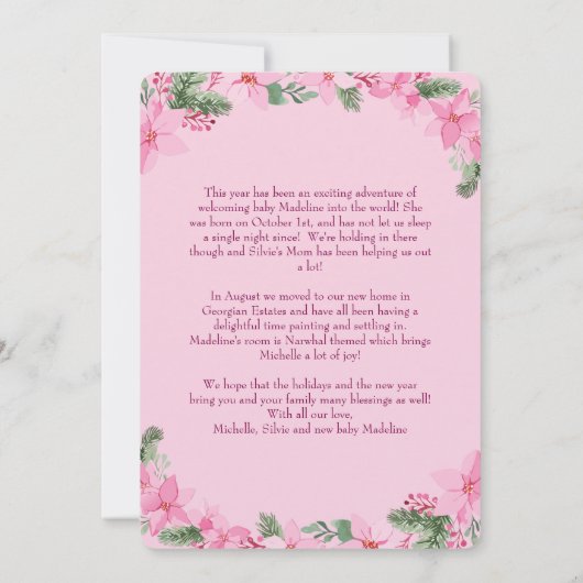 Pink New Baby Foto Weihnachtskarte Giro del Malcan Einladung (Rückseite)