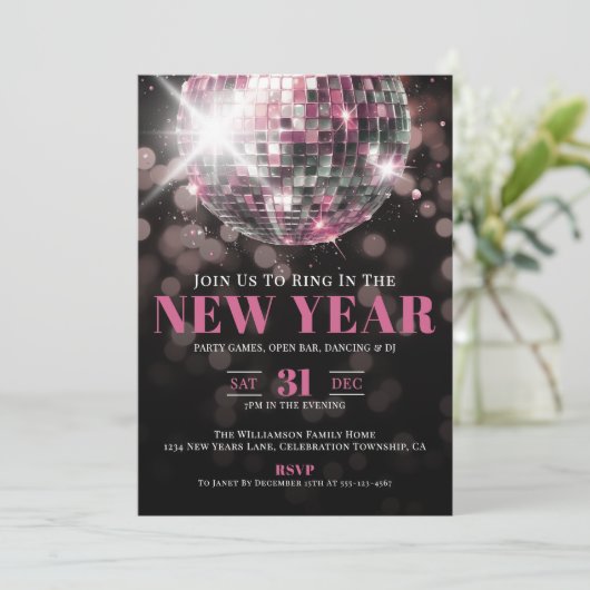 Pink New Year's Eve Party Einladung (Stehend Vorderseite)