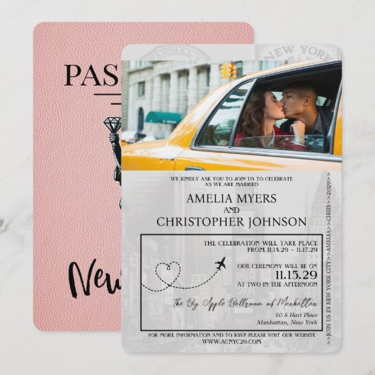 Pink New York City Passport Wedding Einladung (Vorne/Hinten)