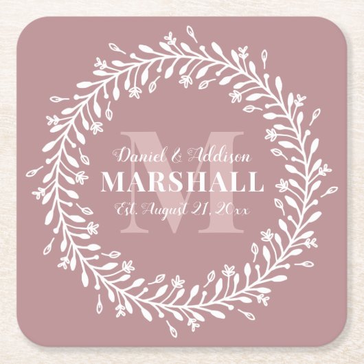 Pink Newlyly Couple Wreath Monogram Name Square Rechteckiger Pappuntersetzer (Vorderseite)