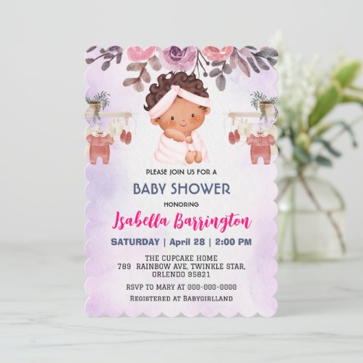 Pink Niedlich Baby Girls Rose Blume Kinderdusche Einladung (Stehend Vorderseite)