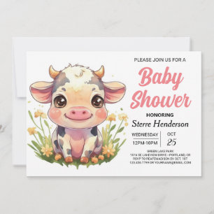 Pink Niedlich Barnyard Kuh Babydusche Einladung