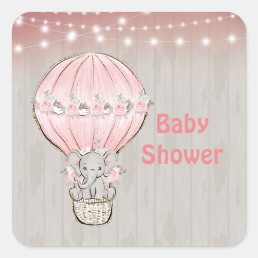 Pink Niedlich Elephant Hot Air Ballon Babydusche S Quadratischer Aufkleber (Vorderseite)