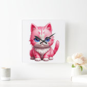 Pink Niedlich Kitty Cat Quadratische Wanduhr (Zuhause)