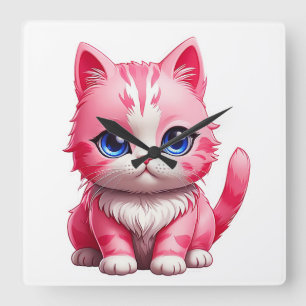 Pink Niedlich Kitty Cat Quadratische Wanduhr
