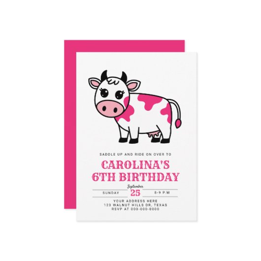 Pink Niedlich Moo Kuh Geburtstag Einladung (Vorderseite/Rückseite Beispiel)