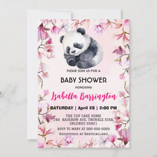 Pink Niedlich Panda Blume Babydusche Kinder Einladung (Vorderseite)