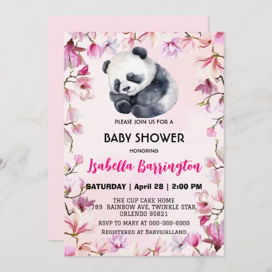 Pink Niedlich Panda Blume Babydusche Kinder Einladung (Vorne/Hinten)